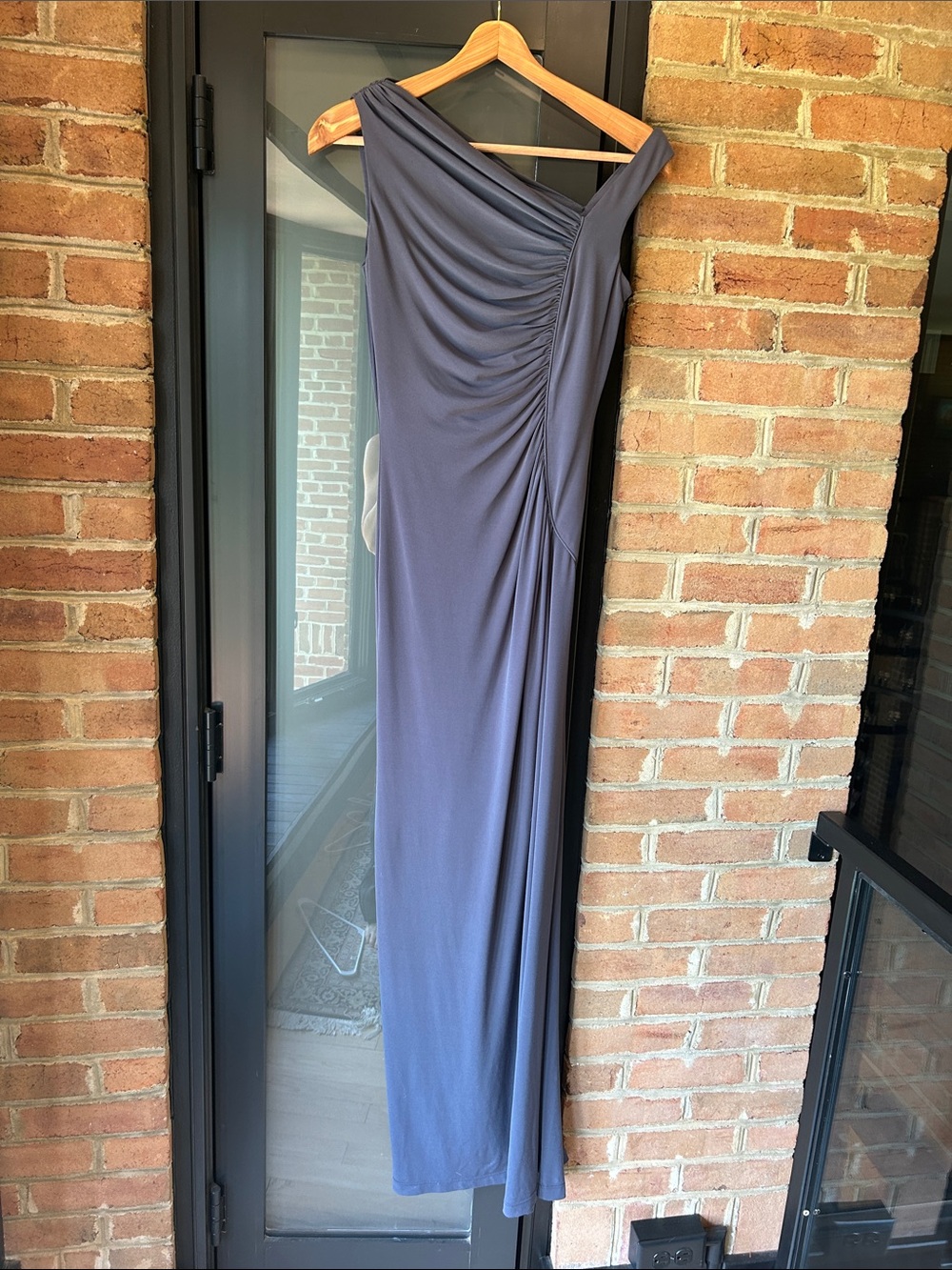 One-Shoulder Ruched Maxi Dress in Slate small — small pull on back of dress